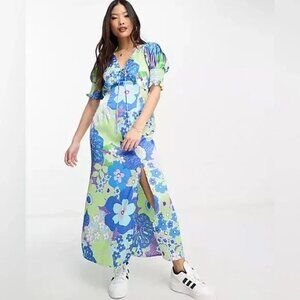 ASOS Satin Midi Tea Dress 8P Petite Abstract Floral Print Blue Green‎ Retro